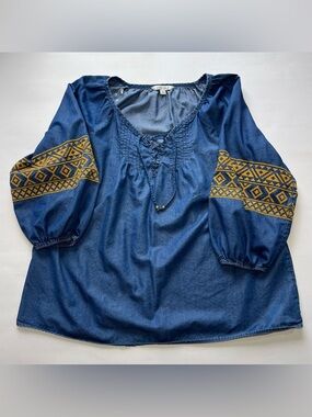 Pioneer Woman Denim Peasant Blouse Size XL Embroidered Sleeve Blue/Yellow